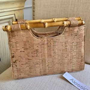 Alessia Beige  Handbag Cork Tote Bag Beige With Bamboo Handles NWT